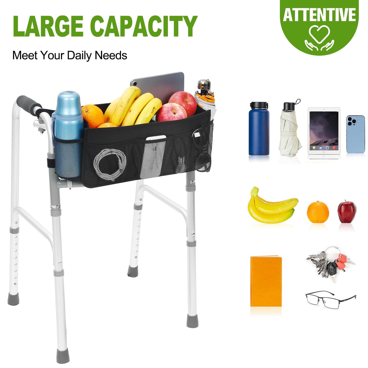 CTWWFS Upgrade Walker Basket with Cup Holder, Foldable Walker Storage Bag for Seniors with Big Capacity & Never Tipping Over, Best Gift for Family