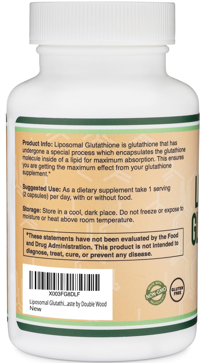 Liposomal Glutathione Supplement 500mg per Serving, 60 Capsules (Vegan Safe, Non-GMO) Max Absorption Liposomal Glutathione with Genuine Smell and Taste by Double Wood