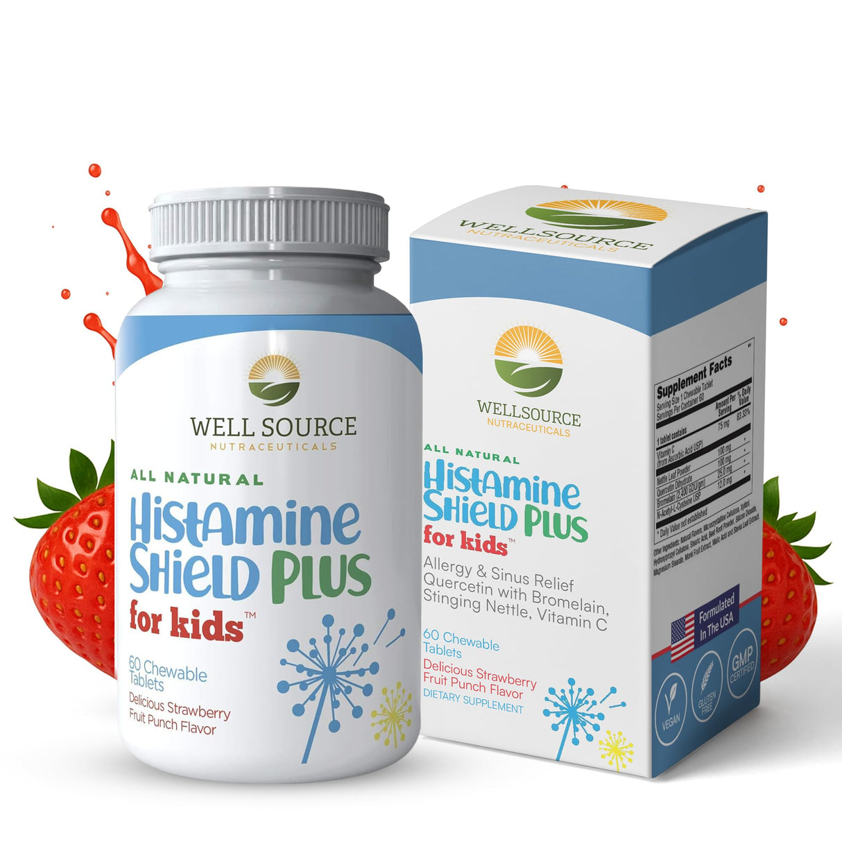 Histamine Shield Plus for Kids Natural Antihistamine Supplement, Sinus & Allergy Relief for Pollen, Pet Dander, Dust, Mold, and Odors, 60 Strawberry Fruit Punch Chewable Tablets