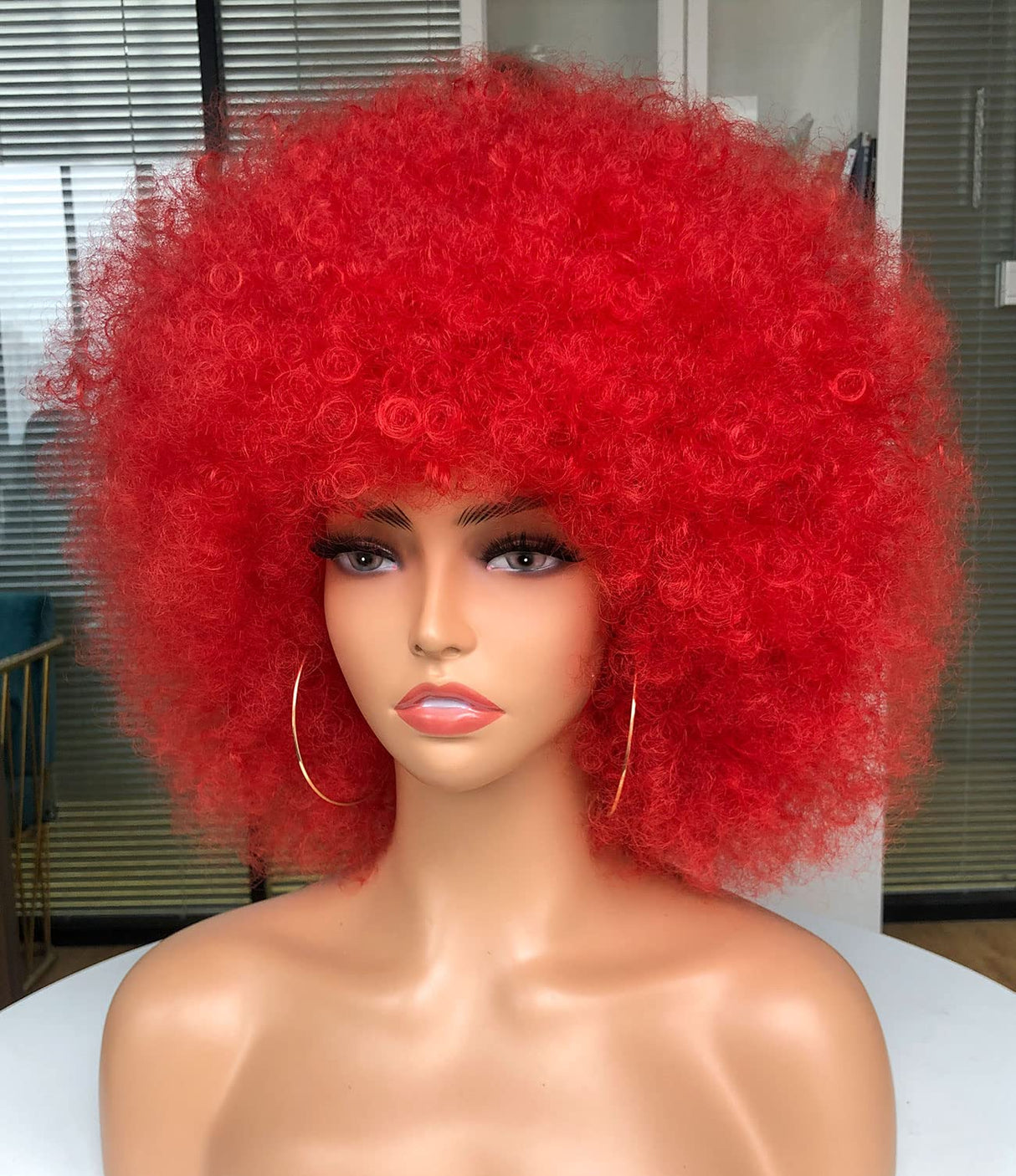 CURLCRAZY 70s Afro Wig with Bangs Short Afro Kinky Curly Wig for Black Women Large Bouncy and Soft Natural Looking Halloween Party Christmas Cosplay Wigs (Red)