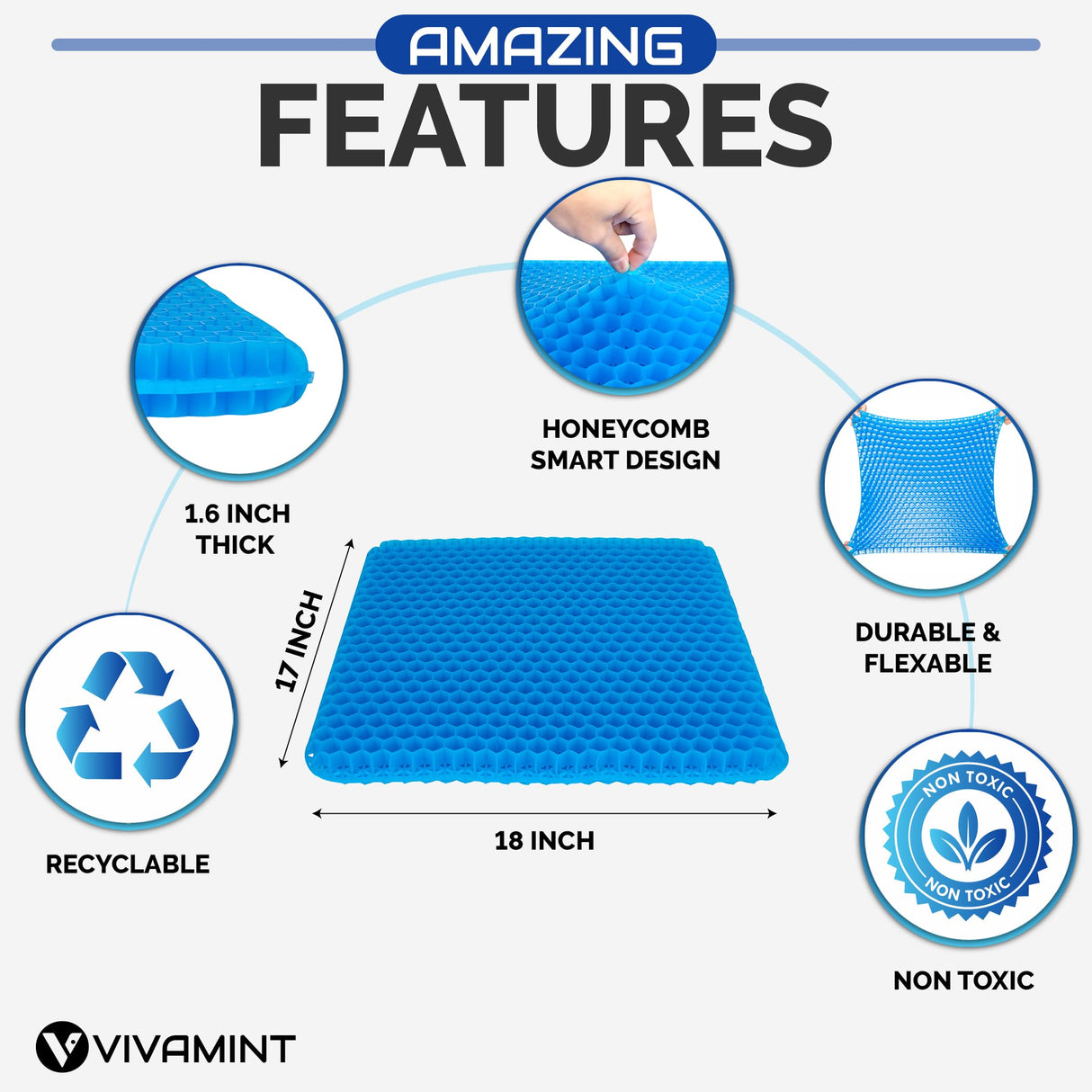 Gel Seat Cushion for Long Sitting, Large Seat Pad for Hip Pain, Buttocks Pressure Relief Office Chair Cushion, Gaming Chair Gel Pad, Wheelchair gel cushion, Truck seat, Non-slip cover with Ties