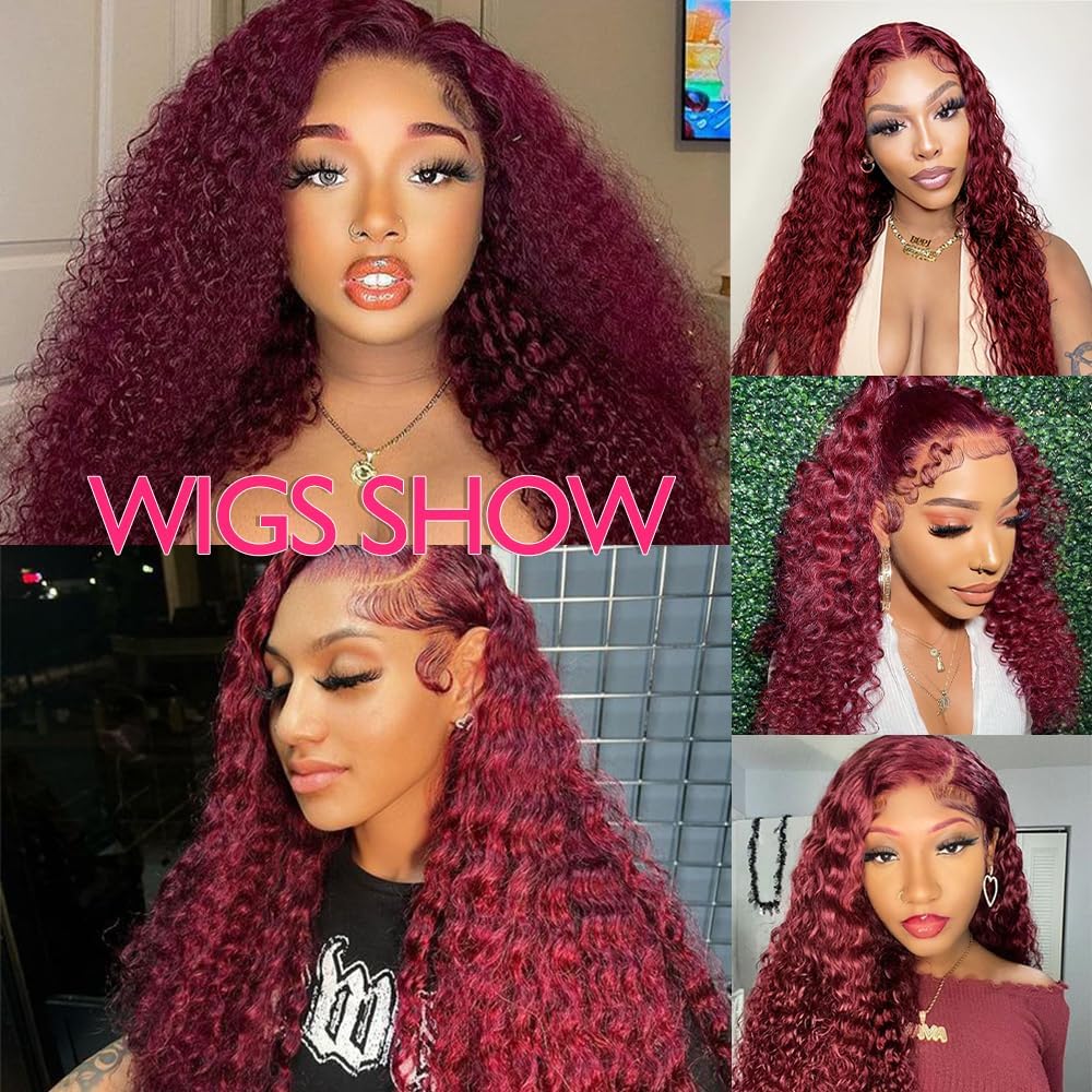 250% Density 99J Burgundy 13x6 Deep Wave HD Lace Front Wigs Human Hair for Women Glueless Burgundy Deep Curly Lace Frontal Wigs Brazilian Virgin Human Hair Wigs Pre Plucked with Baby Hair(#99j,28Inch)