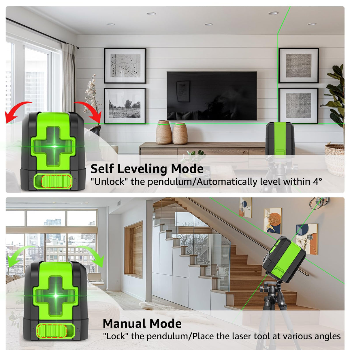 Huepar Laser Level, 100Ft Self Leveling Green Cross Line Laser for Picture Hanging, Tile, Decoration & DIY Construction – 360° Magnetic Base & AA Battery, Indoor Use