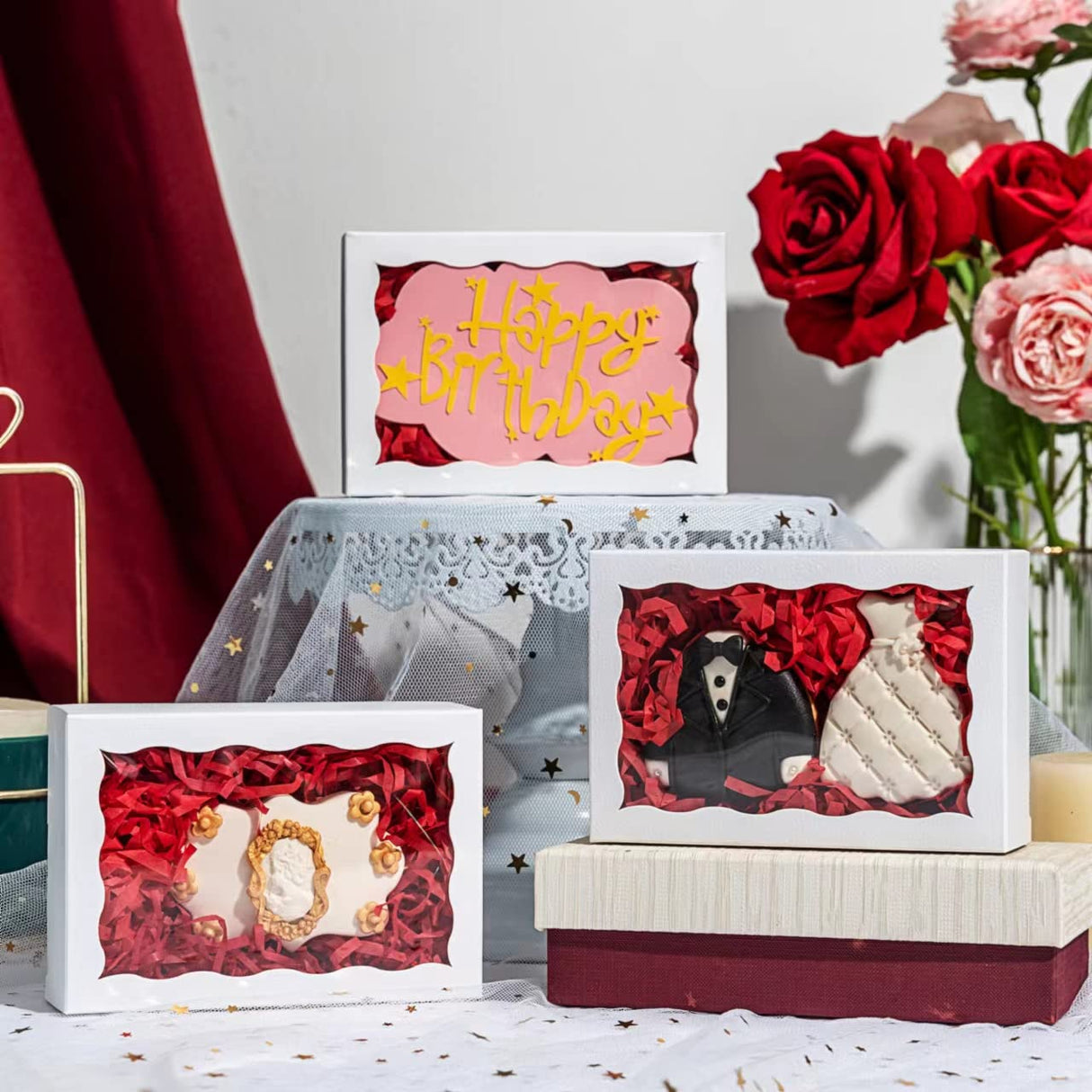 RomanticBaking 100 Pack White 7 x 4 3/8 x 1 1/2inches Cookies Boxes with Window Christmas Bakery Packaging for Macaron Treat Boxes Chocolate Truffle