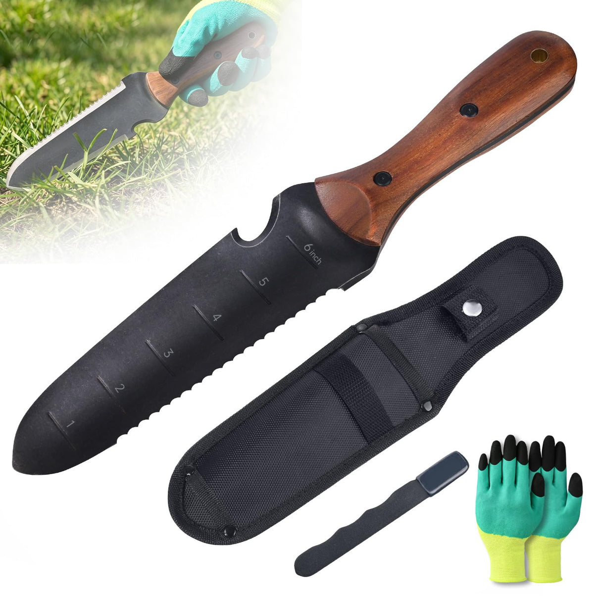 Griactrl Hori Hori Garden Knife with Measuring Scale, Heat-Treated Stainless Steel Blade, Ergonomic Wood Handle, Gardening Knife with Polyester Sheath for Weeding, Planting, Digging
