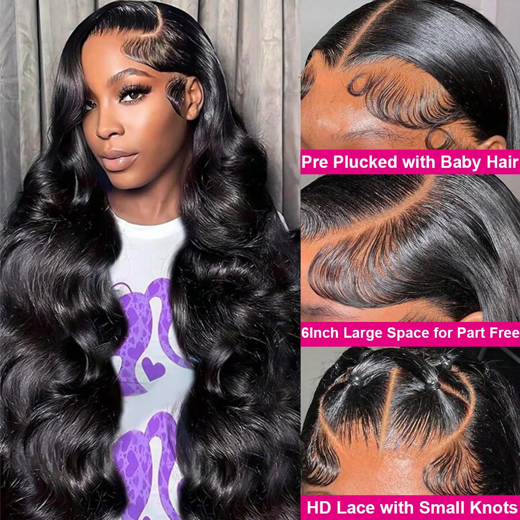 30 Inch 13x6 Lace Front Wigs Human Hair 200 Density Body Wave HD Lace Front Wigs Human Hair Pre Plucked with Baby Hair Natural Color Glueless Frontal Wig for Women 100% Brazilian Virgin Human Hair