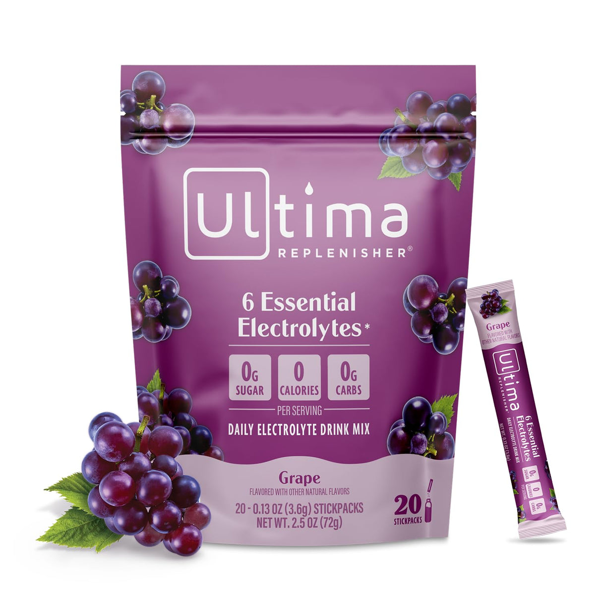 Ultima Replenisher Daily Electrolyte Powder Drink Mix – Sugar Free – Grape, 20 Stickpacks – Hydration Packets with 6 Key Electrolytes and Trace Minerals – Keto Friendly, Vegan, Non-GMO