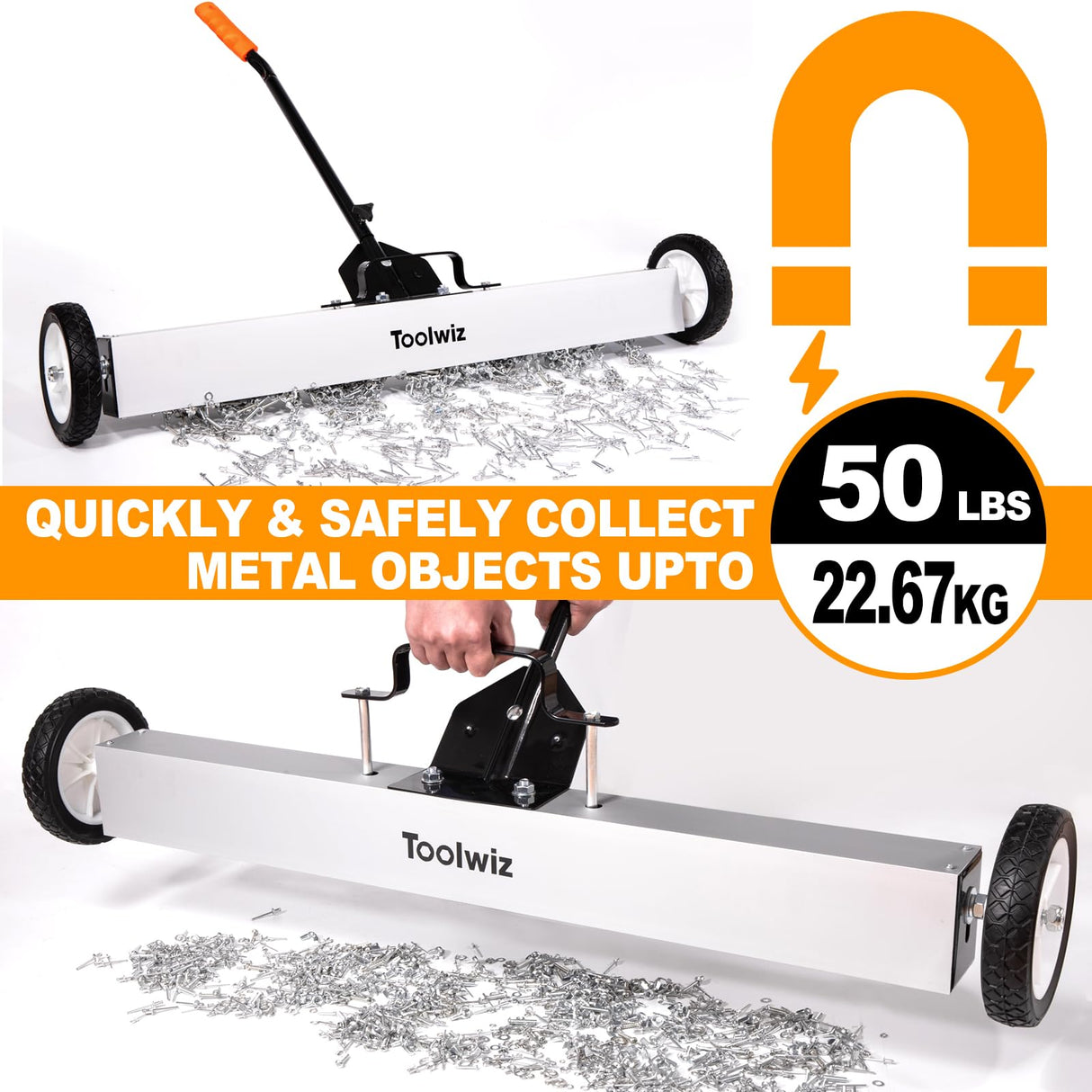 Toolwiz 36'' Magnetic Sweeper with Wheels, 50 Lbs Capacity Rolling Magnetic Floor Sweeper with Telescoping Holder and Quick Release Latch Industrial Heavy Duty Metal Pick Up 36 Inches