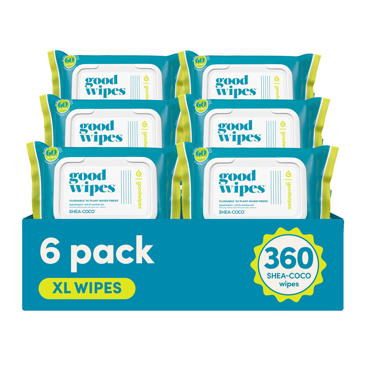 Goodwipes Flushable Butt Wipes Made with Vitamin E & Aloe - Soft & Gentle Wet Wipe Dispenser for Home Use, Septic & Sewer Safe - Largest Adult Toilet Towelettes - Shea Coco, 360 Count (6 Packs)