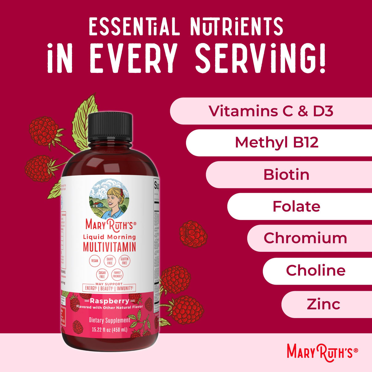 MaryRuth Organics Morning Multivitamin for Women, Men & Kids | Liquid | Vitamin A C D E B6 B12 Biotin Zinc | Beauty | Vegan | Non-GMO | Gluten Free | 15 Servings