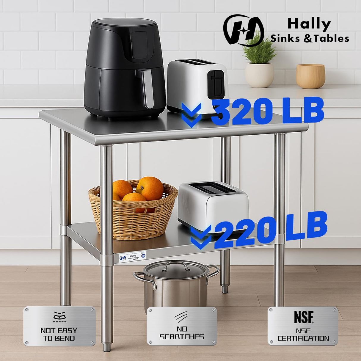Hally Stainless Steel Table for Prep & Work 14 x 30 Inches, NSF Commercial Heavy Duty Table with Undershelf and Galvanized Legs for Restaurant, Home and Hotel