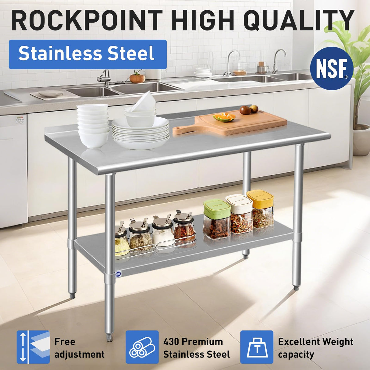 ROCKPOINT Stainless Steel Table for Prep & Work with Backsplash 24x36 Inches, NSF Metal Commercial Kitchen Heavy Duty Table with Adjustable Under Shelf and Table Foot for Restaurant, Home and Hotel