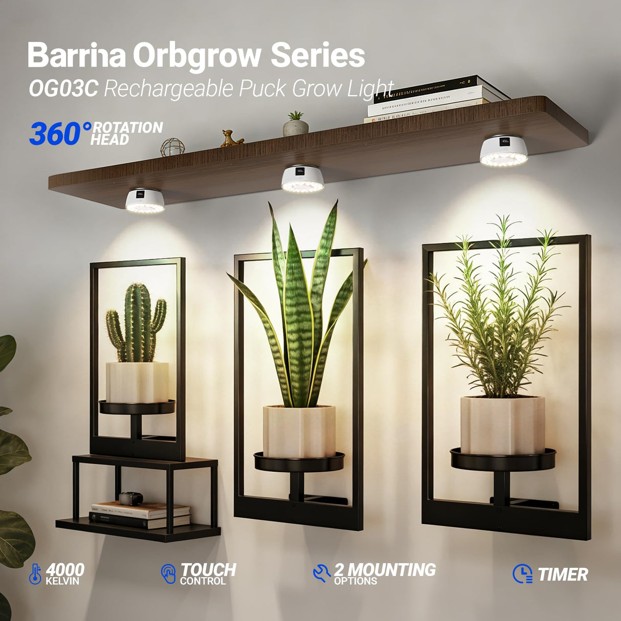 Barrina Orbgrow OG03C Rechargeable Puck Grow Light, 4000K, Cordless Full Spectrum Plant Light for Indoor Plants, Magnetic & Touch Switch with Timer, Small Grow Lamp for Plant Shelf, 1 Pack, White