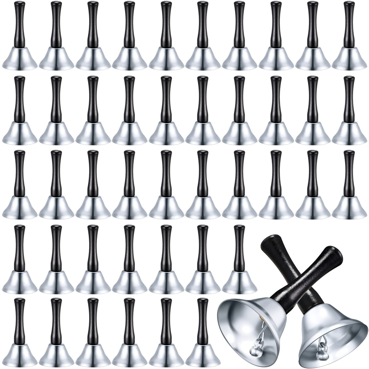 Yeshone 50 Pcs Loud Hand Bell Bulk Dinner Service Bell for Food Line Care for The Sick and Elderly Alarm Ringing Call for Pets Jingles Weddings Christmas Decoration(Silver)