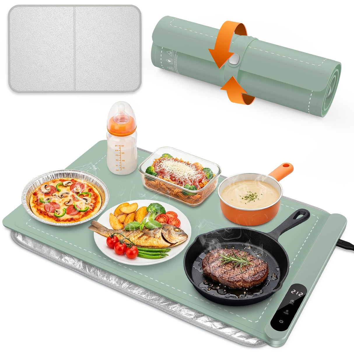 Food Warming Mat for Parties Buffet, Upgrade Graphene Heating Film, Electric Warming Tray with 6 Temp Settings | 6H Timer, Portable Roll Up Food Warming Mat with Heat Insulation, Green, 24x14 inch