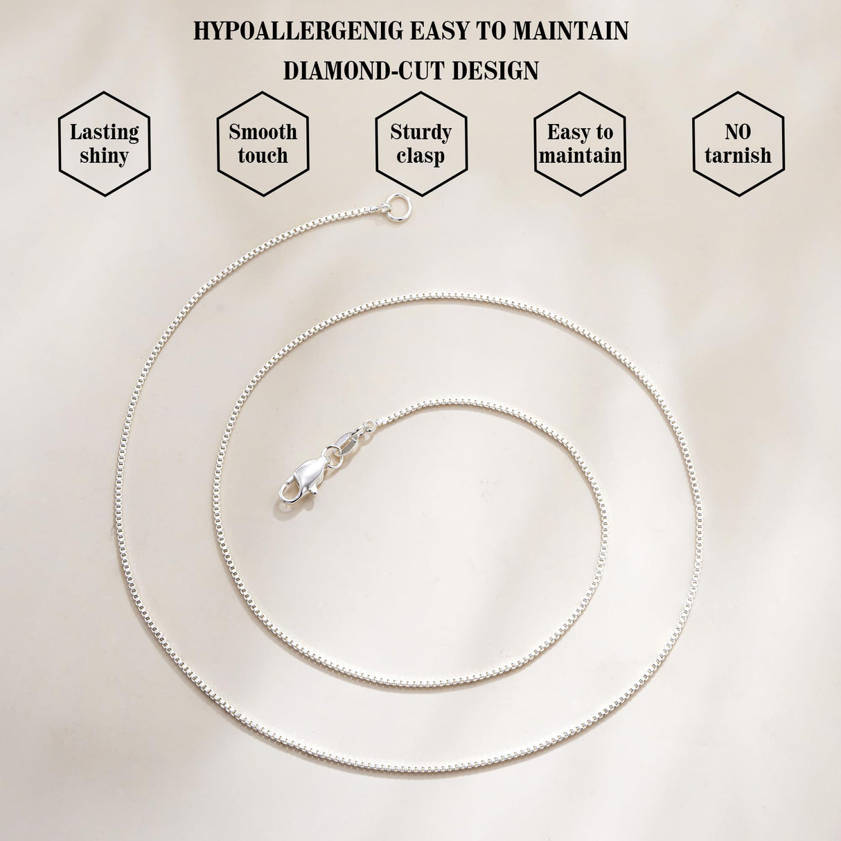 Goldegg 925 Sterling Silver Chain for Women, Diamond Cut 1mm Box Chain