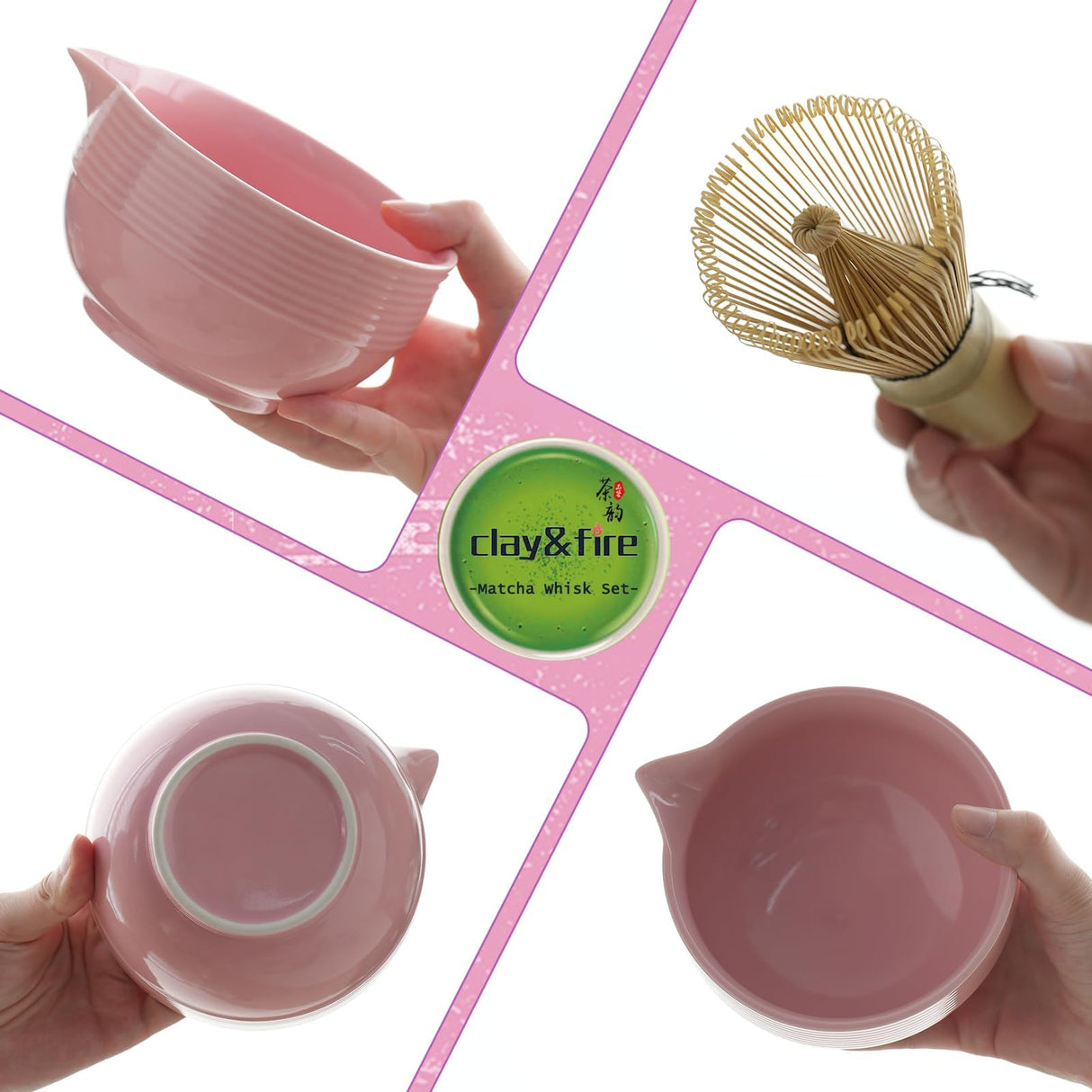 Clay&Fire Matcha Whisk Set, Ceramic Matcha Set, Matcha Bowl with Spout and Whisk, 8 pcs Matcha Tea Kit for Matcha Lovers, Ideal Gift Christmas, Birthday (Pink)