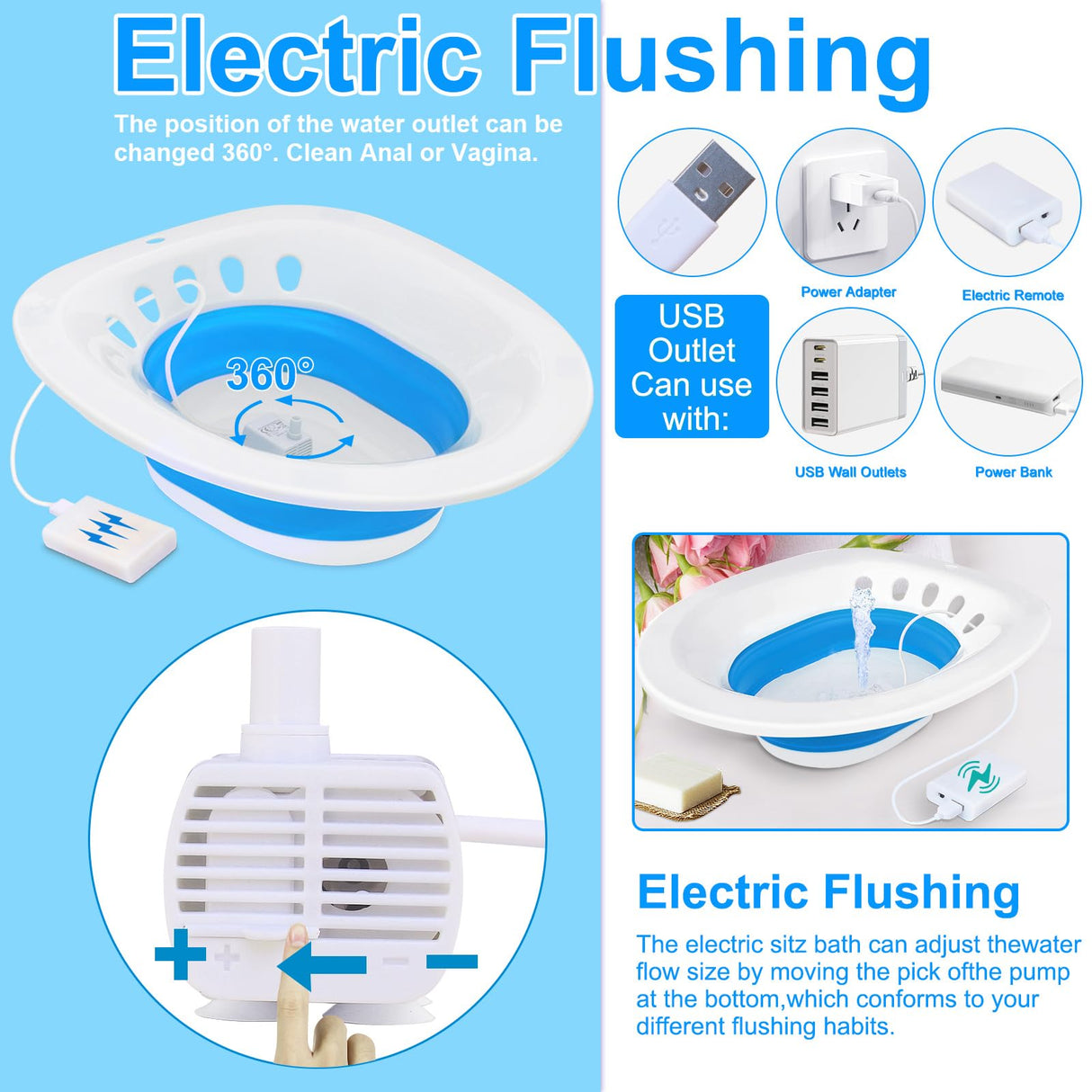 Electric Sitz Bath, Sitz Bath for Hemorrhoids, Sitz Bath for Toilet Seat, Sitz Bath for Postpartum Care, Sits Bath Kit for Women, Automatic Flushing, Foldable, Fits Universal Toilet (Blue Electric)