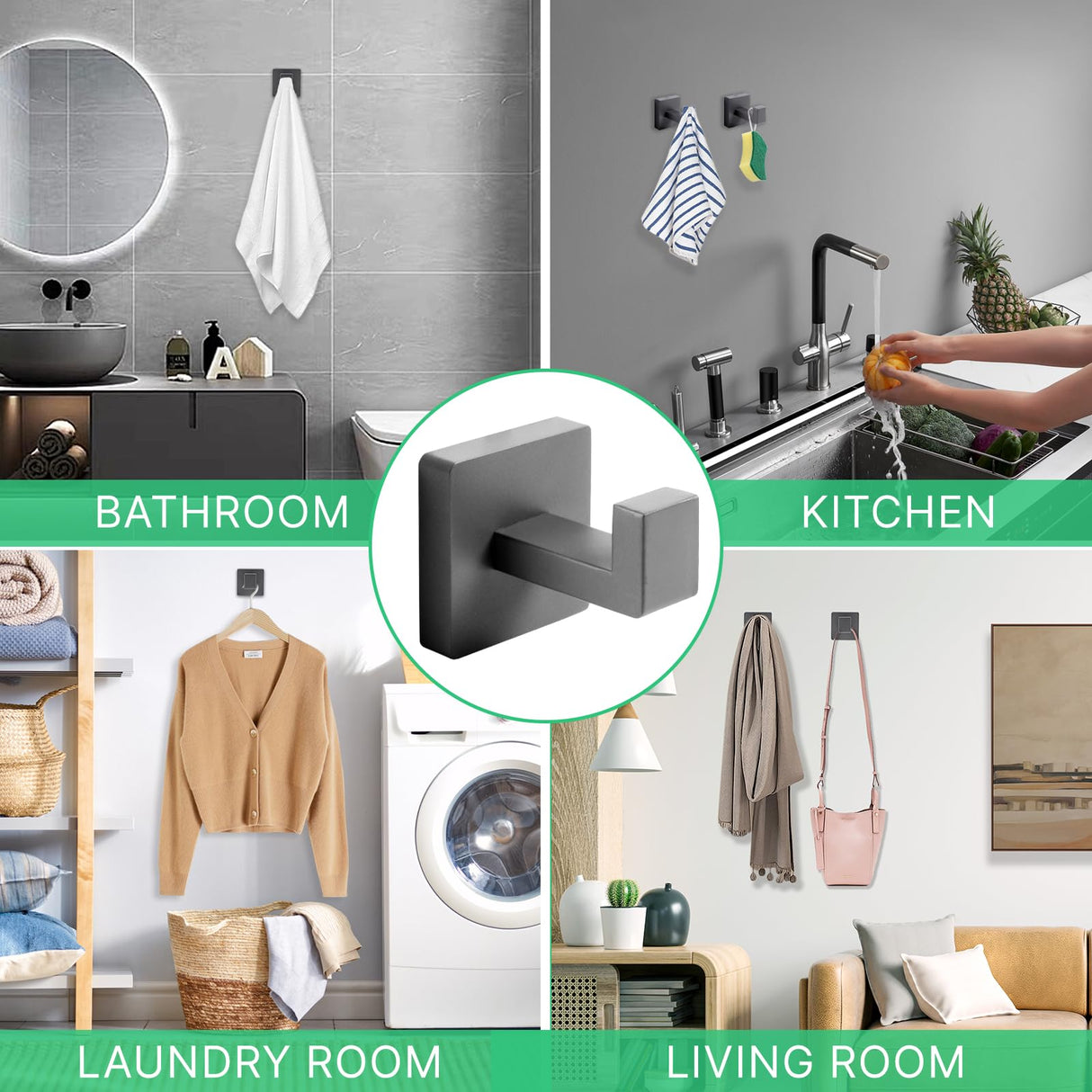 Fenas Heavy Duty Stainless Steel Towel Hooks, Wall Mounted Square Robe Hooks for Bathroom, Kitchen, Bedroom, Hotel 2 Pack Grey