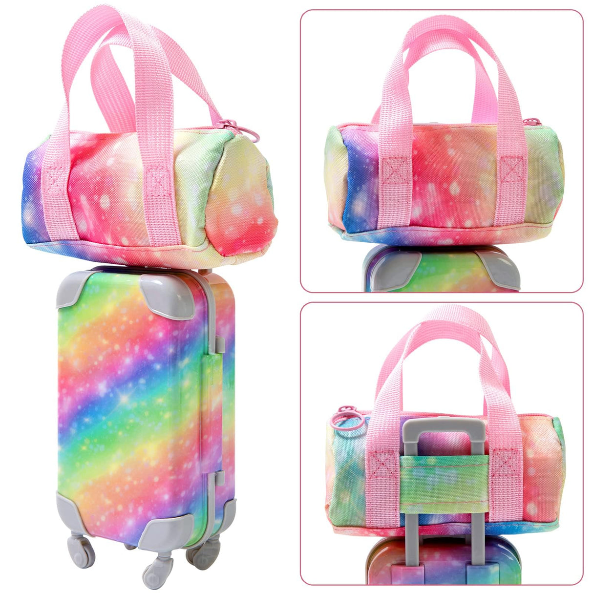 K.T. Fancy 23 PCS American 18 Inch Doll Accessories Suitcase Luggage Travel Set - Rainbow Suitcase Rainbow Bag Camera Computer Cell Phone Neck Pillow Eye Mask Glasses Gift for Christmas (NO Doll)