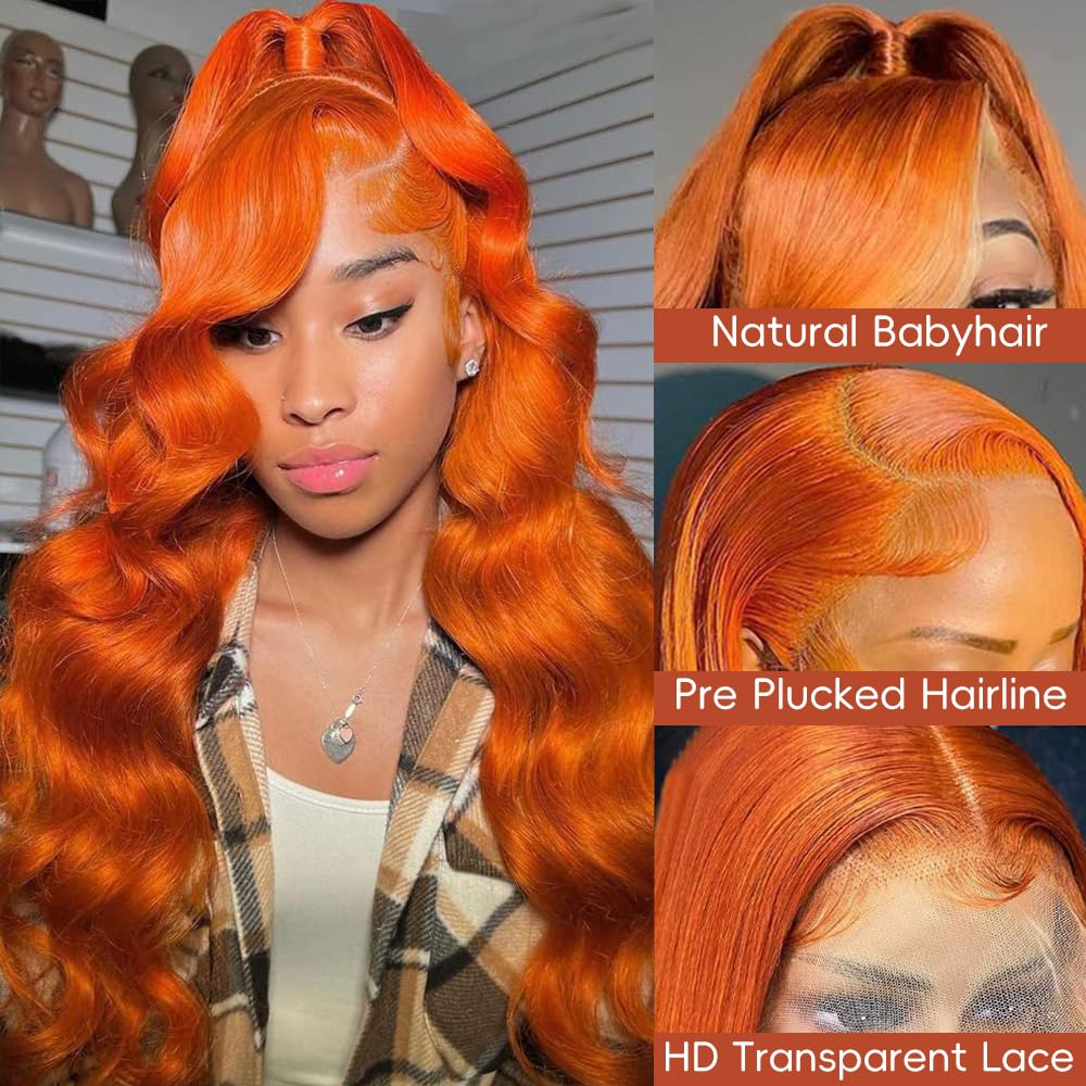 28 Inch Ginger Lace Front Wigs Human Hair Pre Plucked 12A HD Ginger Wig Human Hair 200 Density Ginger Orange Human Hair Wig 13X4 Frontal 88J Body Wave Glueless Wigs