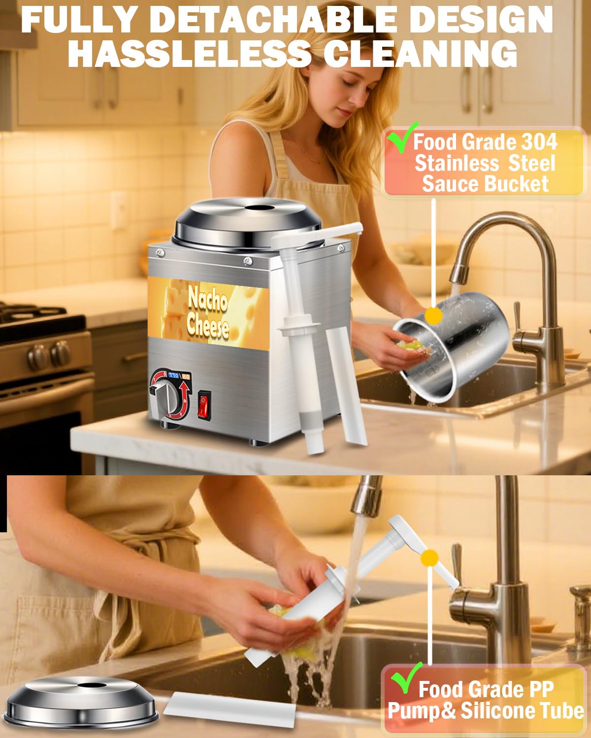 Nacho Cheese Dispenser - 2.8 Qt Nacho Cheese Warmer Machine with Pump, Stainless Steel Hot Fudge Sauce Warmer W/6-Level Temperature Adjustment,Syrup Hot Fudge Dispenser for Hot Fudge Cheese Caramel