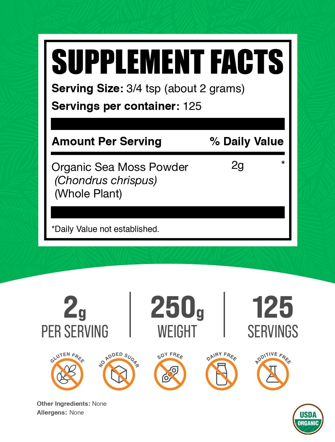 BulkSupplements.com Organic Irish Sea Moss Powder - Sea Moss Supplement, Superfood Supplement - Vegan & Gluten Free, 2g per Serving 250g (8.8 oz) (Pack of 1)