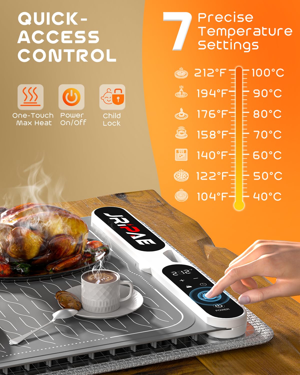 Extra Large Food Warming Mat 580W (XXXL 40"X15"), Electric Warming Tray Silicone Food Warmers for Parties Buffet with Insulated Mat, 7-Temp & 8H Timer, Fast Heating Portable Heating Pad for Daily Use