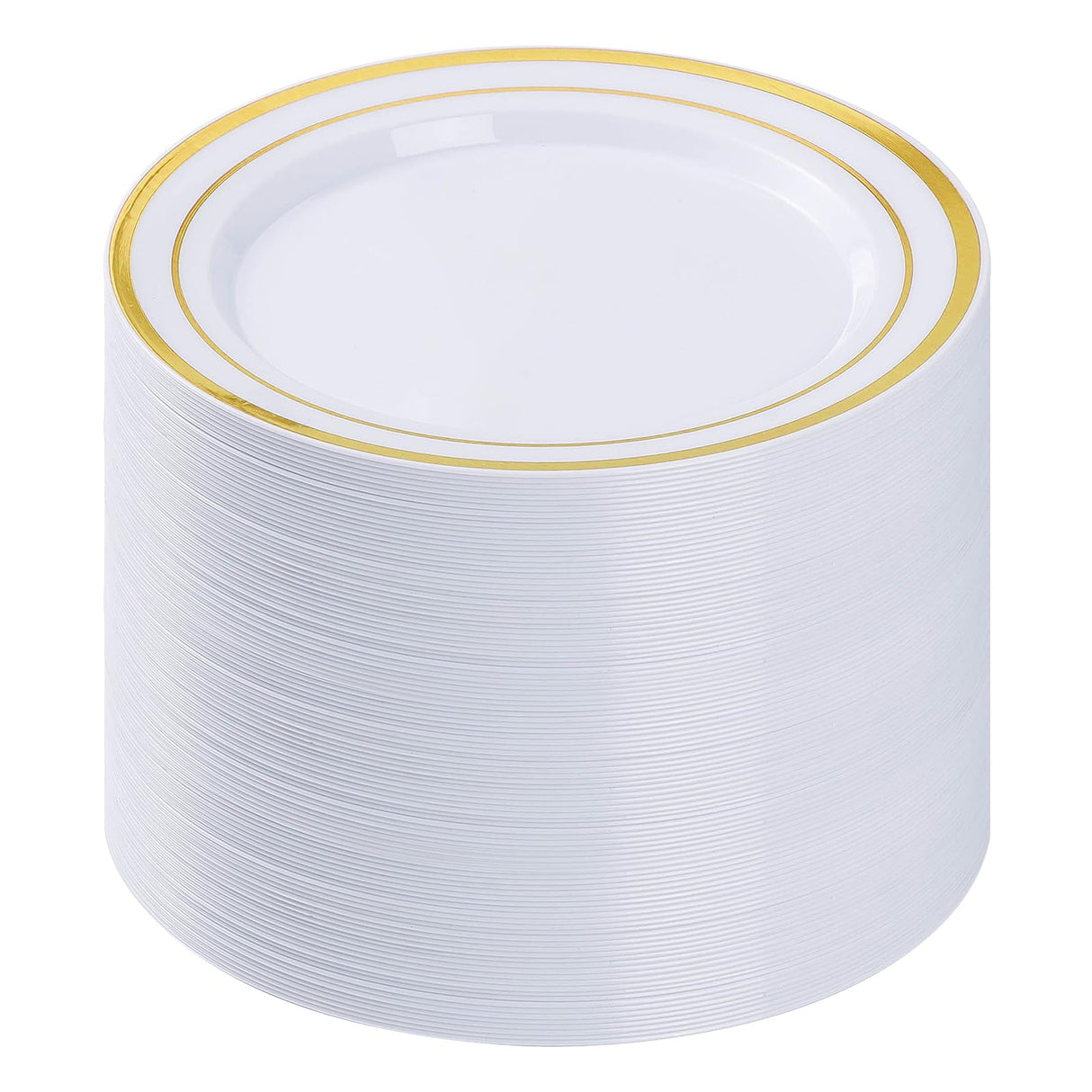 BESTVIP 100PCS Gold Plastic Plates, 10.25 Inch Disposable Dinner Plate Party with Gold Rim for Christmas, Thanksgiving, Heavy Duty Disposable Plastic Plates for Party, Wedding and Birthday, Events