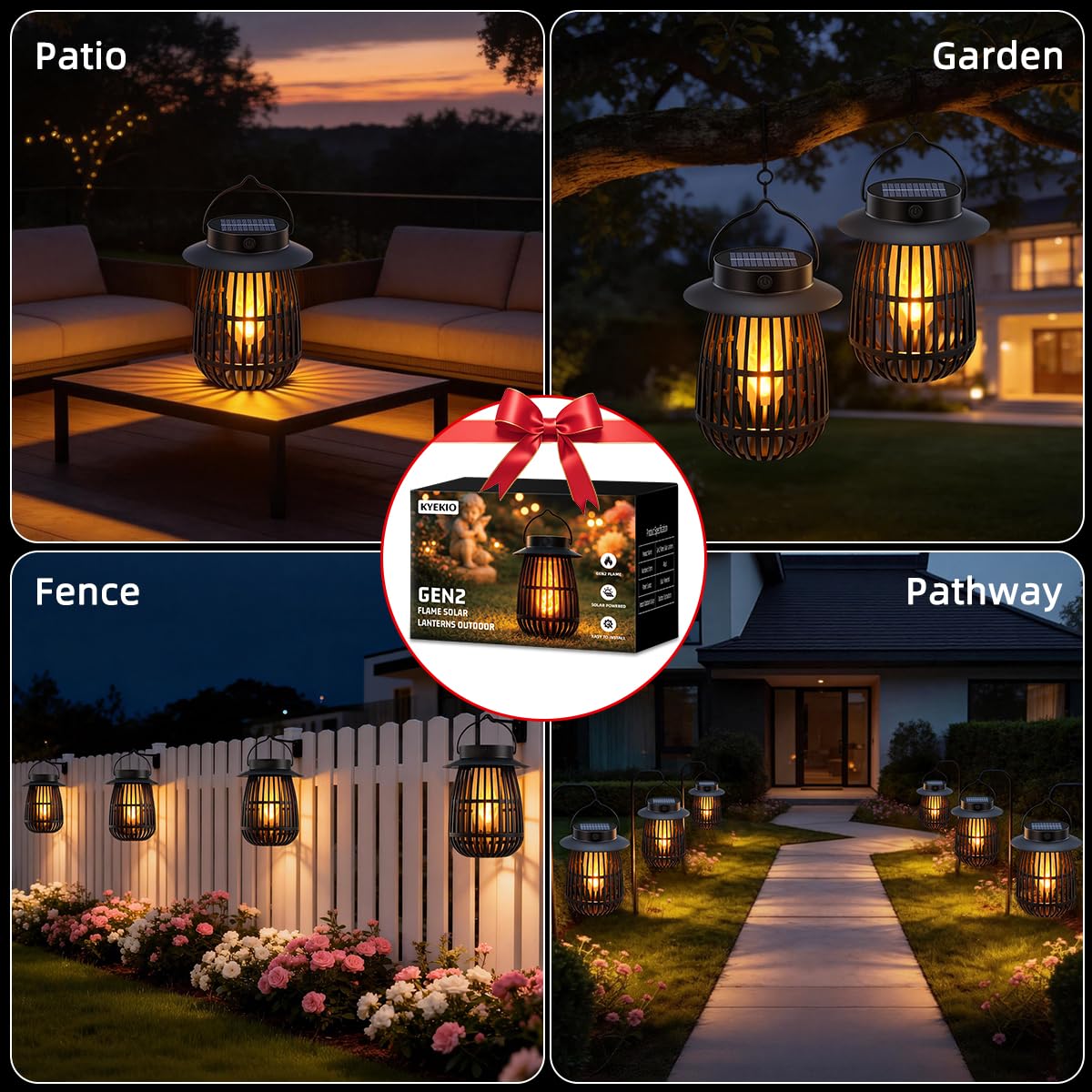 KYEKIO 4Pack Gen2 Flame Solar Lanterns Outdoor Waterproof, Solar Hanging Lantern Decorative, Flickering Flame Outdoor Lanterns Solar Powered, Lights for Yard Patio Garden Decor as Mothers Day Gifts