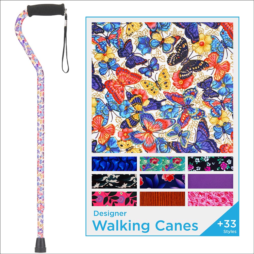 NOVA Medical Products Designer Walking Cane with Offset Handle, Lightweight Adjustable Walking Stick with Carrying Strap, "Butterfly Symphony" Design