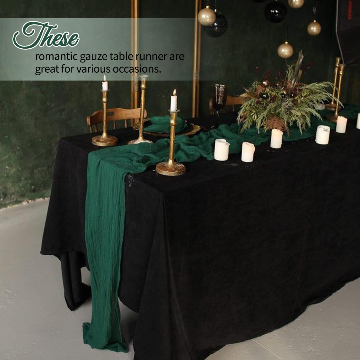 12 Pack Dark Green Cheesecloth Table Runner 10Ft, Christmas Table Runner 21.5 X 120 inch, Semi Sheer Cheese Cloth Fabric Boho Table Runner Bulk for Christmas Decorations,Bridal Shower,Wedding