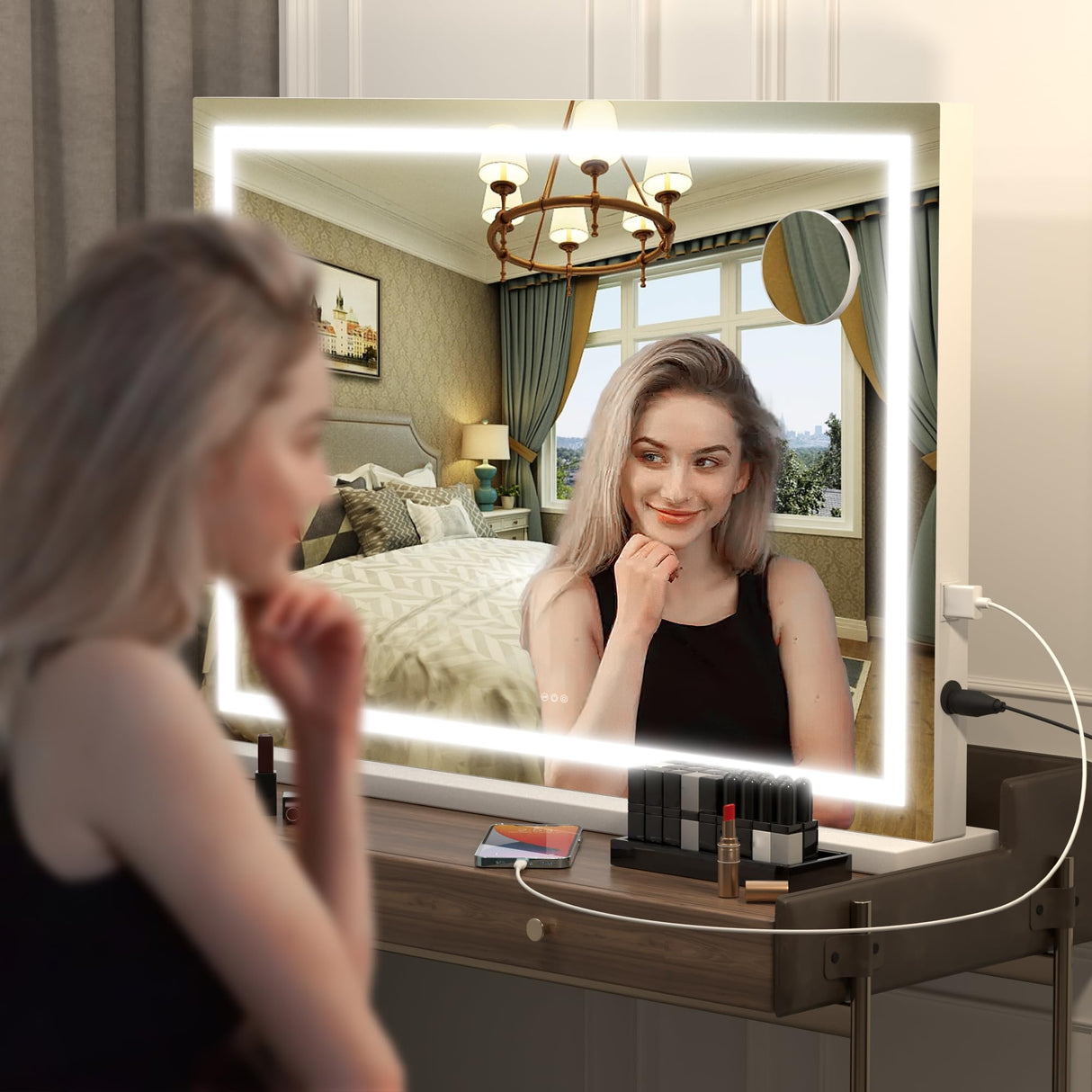 Hasipu Vanity Mirror with Lights, 32" x 22" LED Makeup Mirror, Lighted Makeup Mirror with Dimmable 3 Modes, Touch Screen Control Vanity Mirror Square White