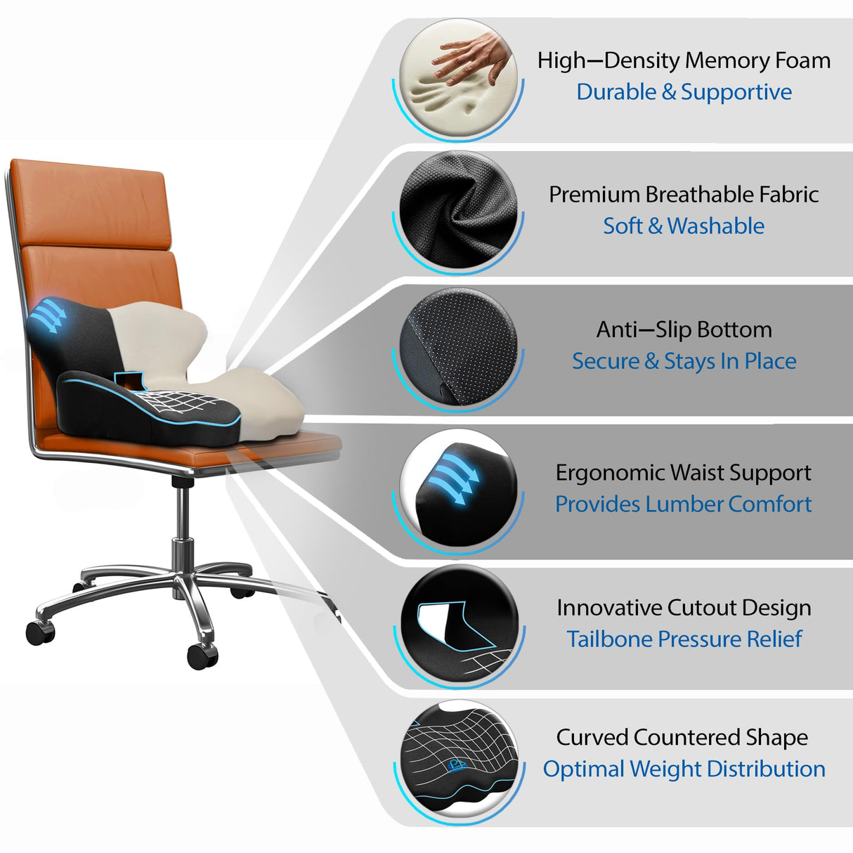 Ergonomic Memory Foam Seat Cushion for Office Chair, Car Seat, Gaming Chair, Dining Chairs| Sciatica, Tailbone & Coccyx Pain and Pressure Relief | Lumbar & Lower Back Support | Orthopedic Design