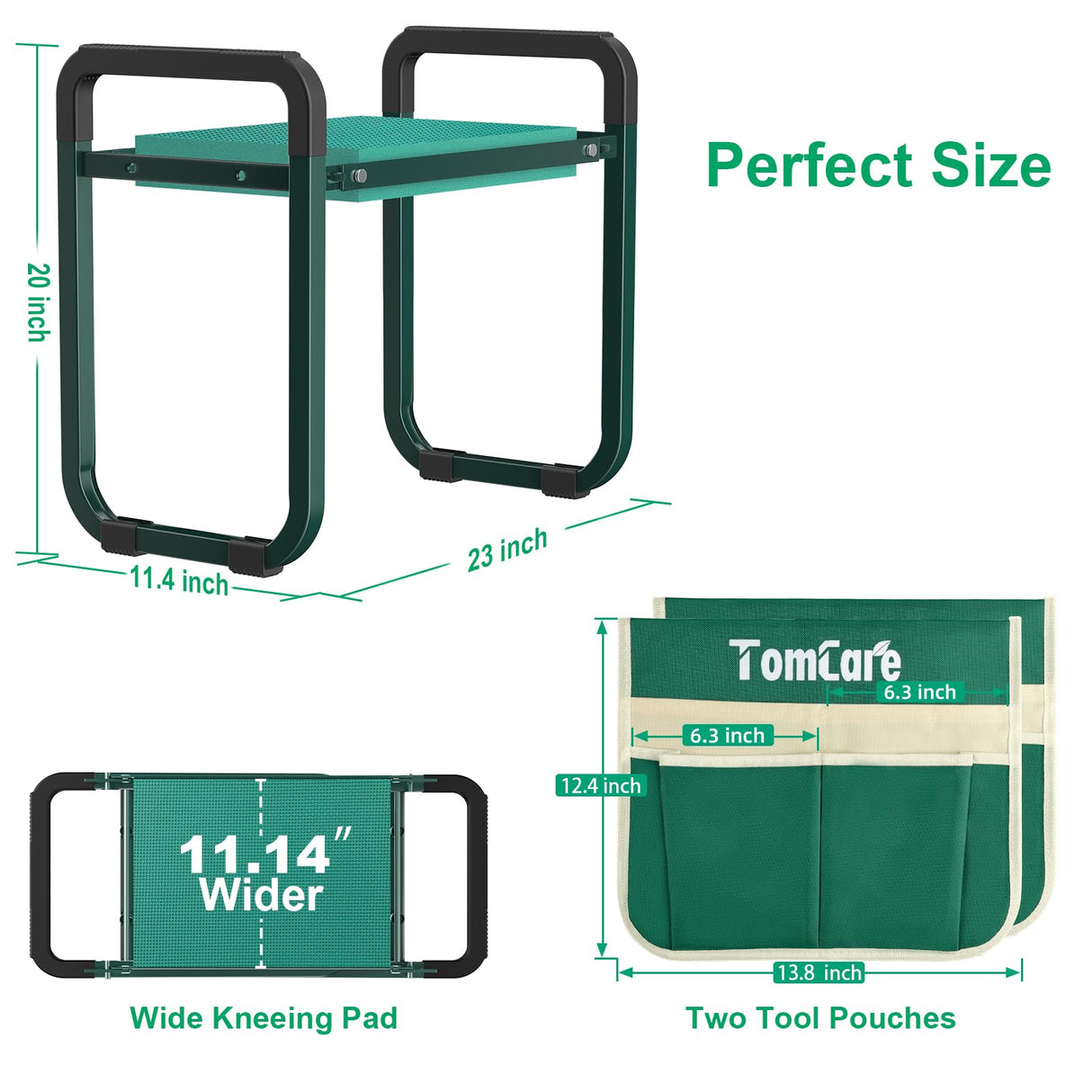 TomCare Garden Kneeler and Seat 11.14” Wider Larger Soft Kneeling Pad Garden Bench with 2 Large Tools Pouches Heavy Duty Foldable Garden Stool Gardening Gifts for Women Men Gardeners Seniors, Green