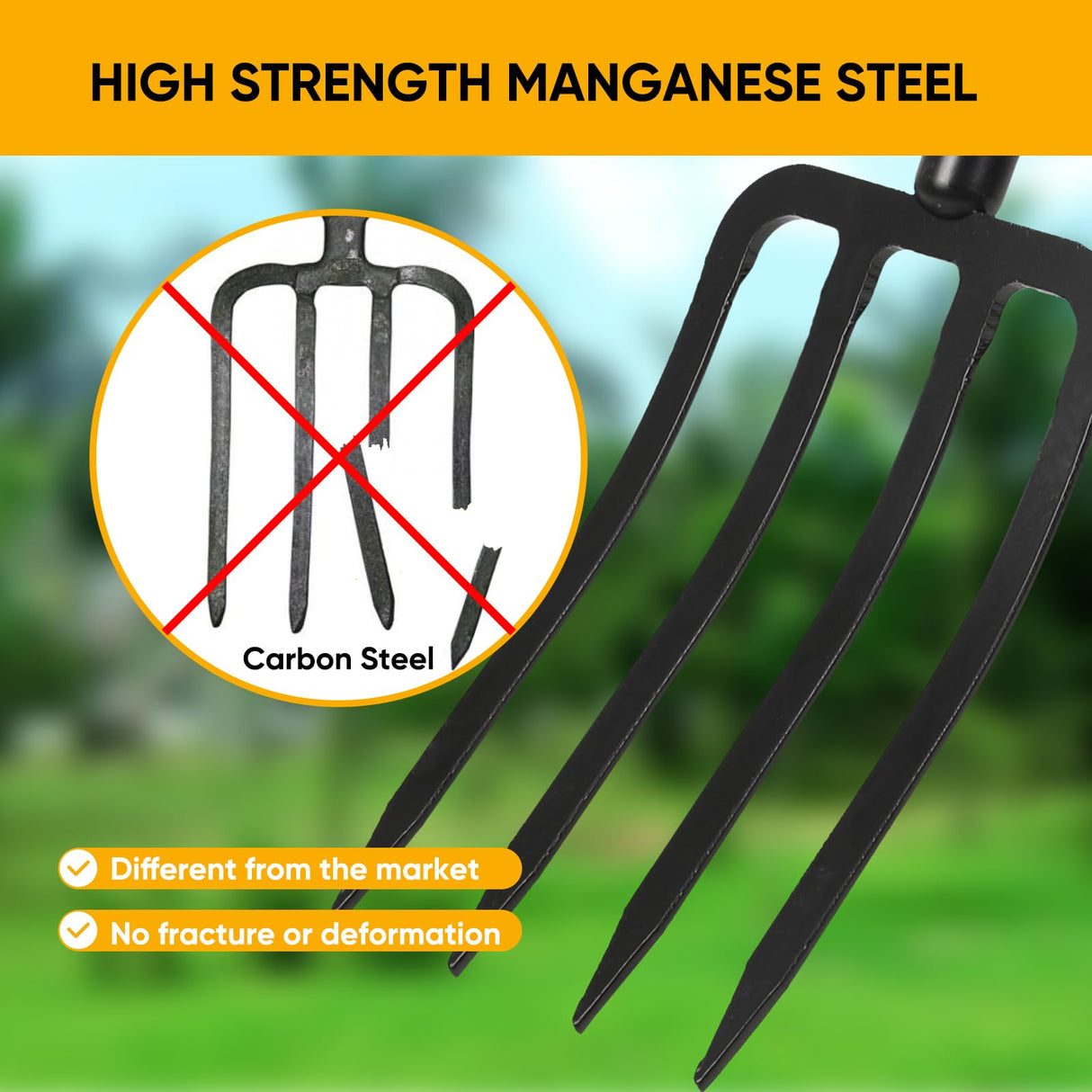 Garden Fork with Ergonomic Handle, Fiberglass Handle,4-Tine Pitchforks for Gardening Digging Composting Spading.