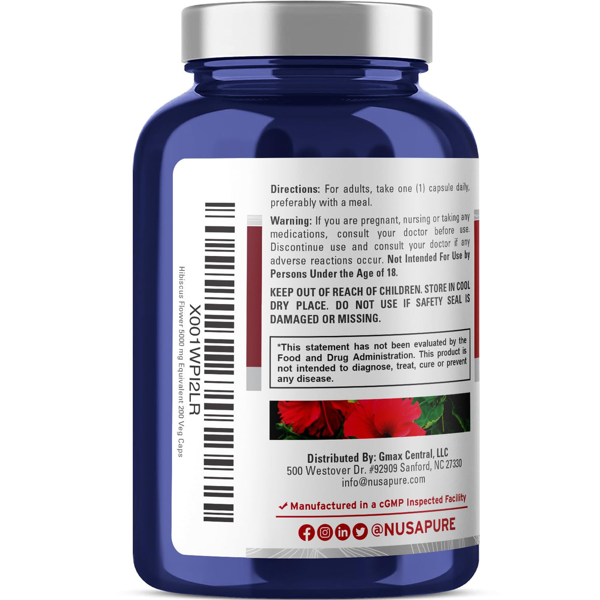 NusaPure Hibiscus Flower 10:1 Extract, 500 mg Equivalent to 5000mg 200 Vegetarian Caps (Non-GMO, Vegan)