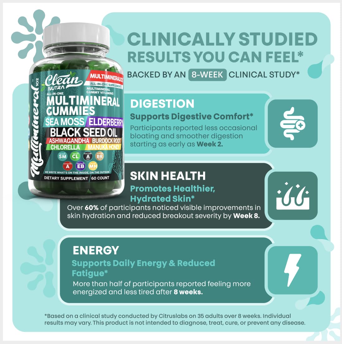 Sea Moss Gummies | Clinically Tested - Black Seed Oil Ashwagandha Elderberry Burdock Root Chlorella Manuka Honey - Vegan Irish Sea Moss Gummy Vitamins for Adults Kids Men Women - Green Apple Flavor