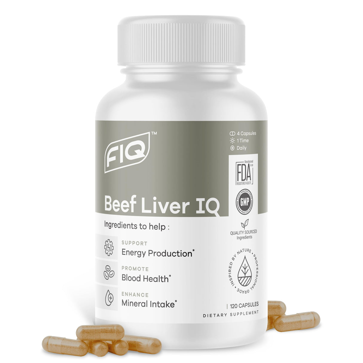 FIQ - Beef Liver IQ - Beef Liver Capsules - Supports Energy Production - Natural Iron, Copper, Vitamin A, & Vitamin B - High Absorption - 120 Capsules