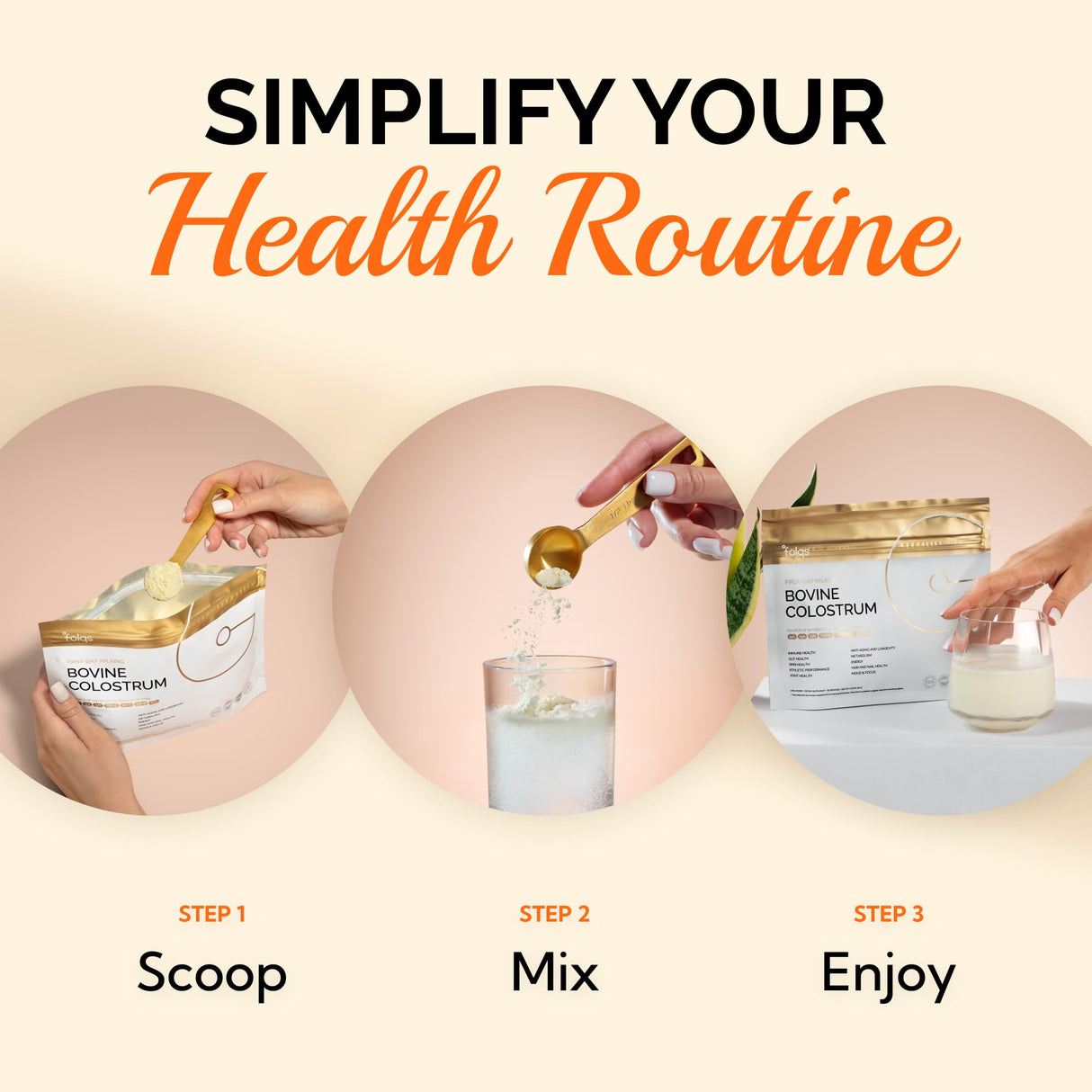 Folqs Bovine Colostrum Powder – First-Day Milking for Immune & Gut Support – 60 Servings – Supports Skin & Tissue Health – Made in USA - Amino Acids, Vitamins, Minerals – Kosher - Sustainably Sourced