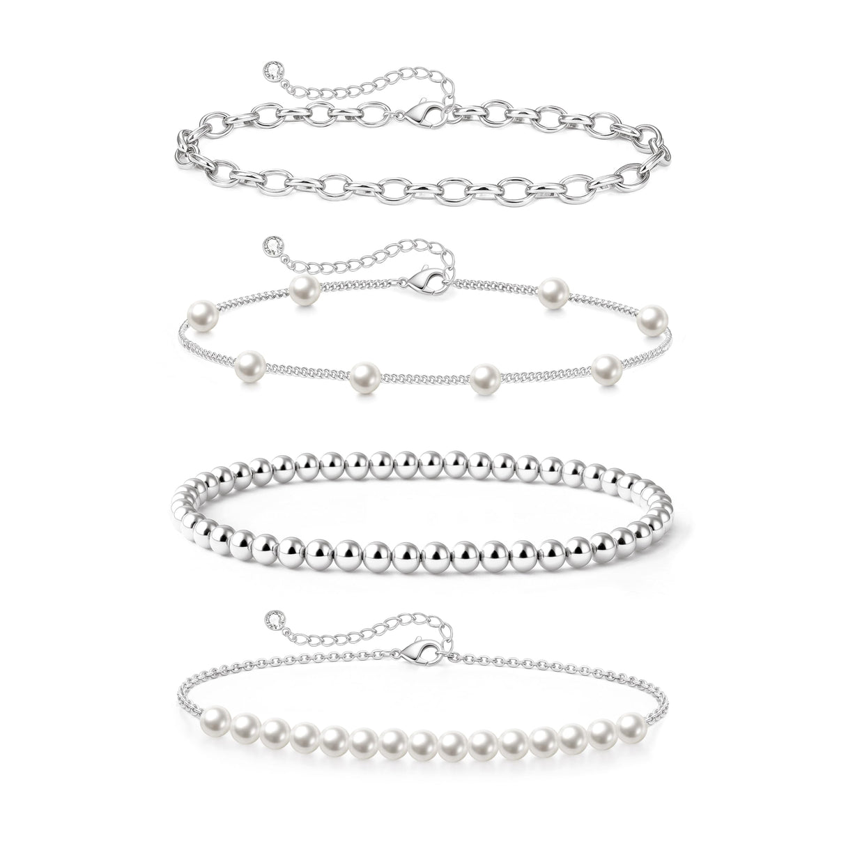 Zeffy Pearl Bracelets for Women, Silver Pearl Beaded Stackable Bracelets Charm Dainty Pearls Bracelet Stack Paperclip Link Chain Layered Bracelet Trendy Silver Bridesmaid Jewelry Set for Women
