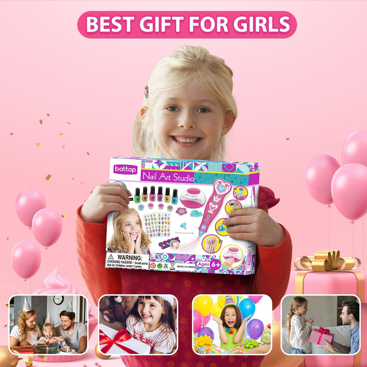 BATTOP Kids Nail Polish Set for Girls, Nail Art Kits with Nail Dryer & Glitter Pen, Quick Dry & Peel Off & Non-Toxic Nail Polish, Christmas Birthday Gifts for Girls Ages 6 7 8 9 10 11 12