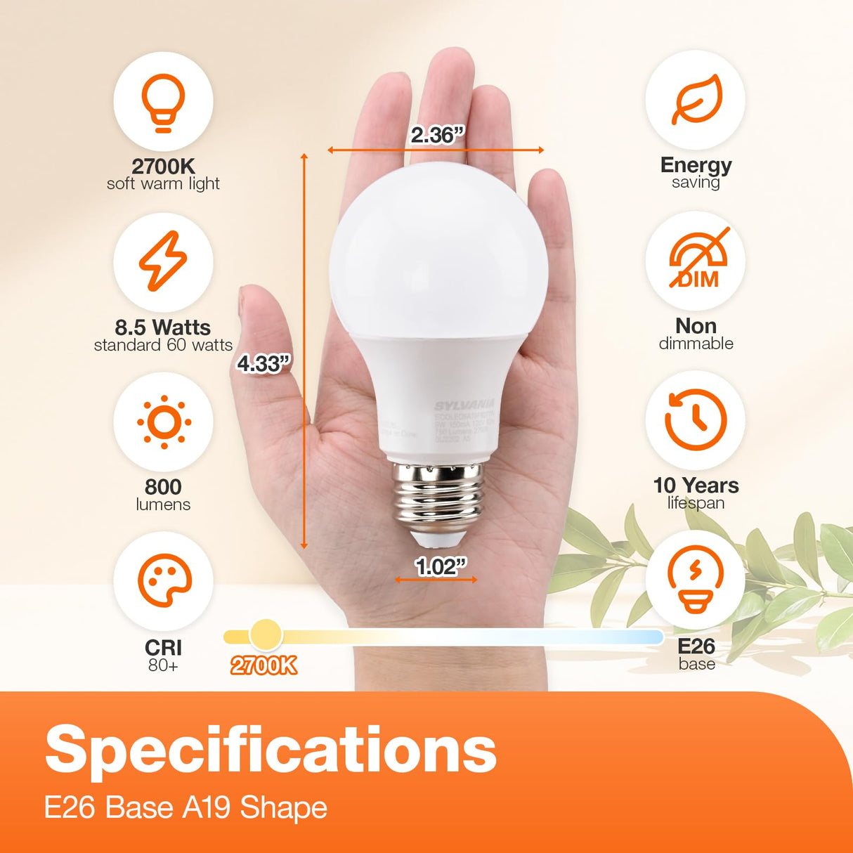 Sylvania LED A19 Light Bulb, 60W Equivalent, Efficient 8.5W, 10 Year, 2700K, 800 Lumens, Frosted, Soft White (74765), Packaging May Vary (Pack of 1, 24 Count Total)