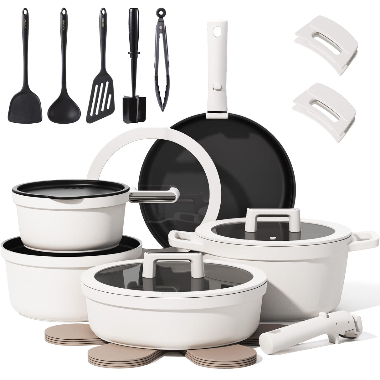 CAROTE 22pcs Pots and Pans Set Non Stick, Detachable Handle Cookware Set White, RV Cooking Set, Dishwasher/Oven/Fridge Safe, Pot and Pan Set, Induction Cookware