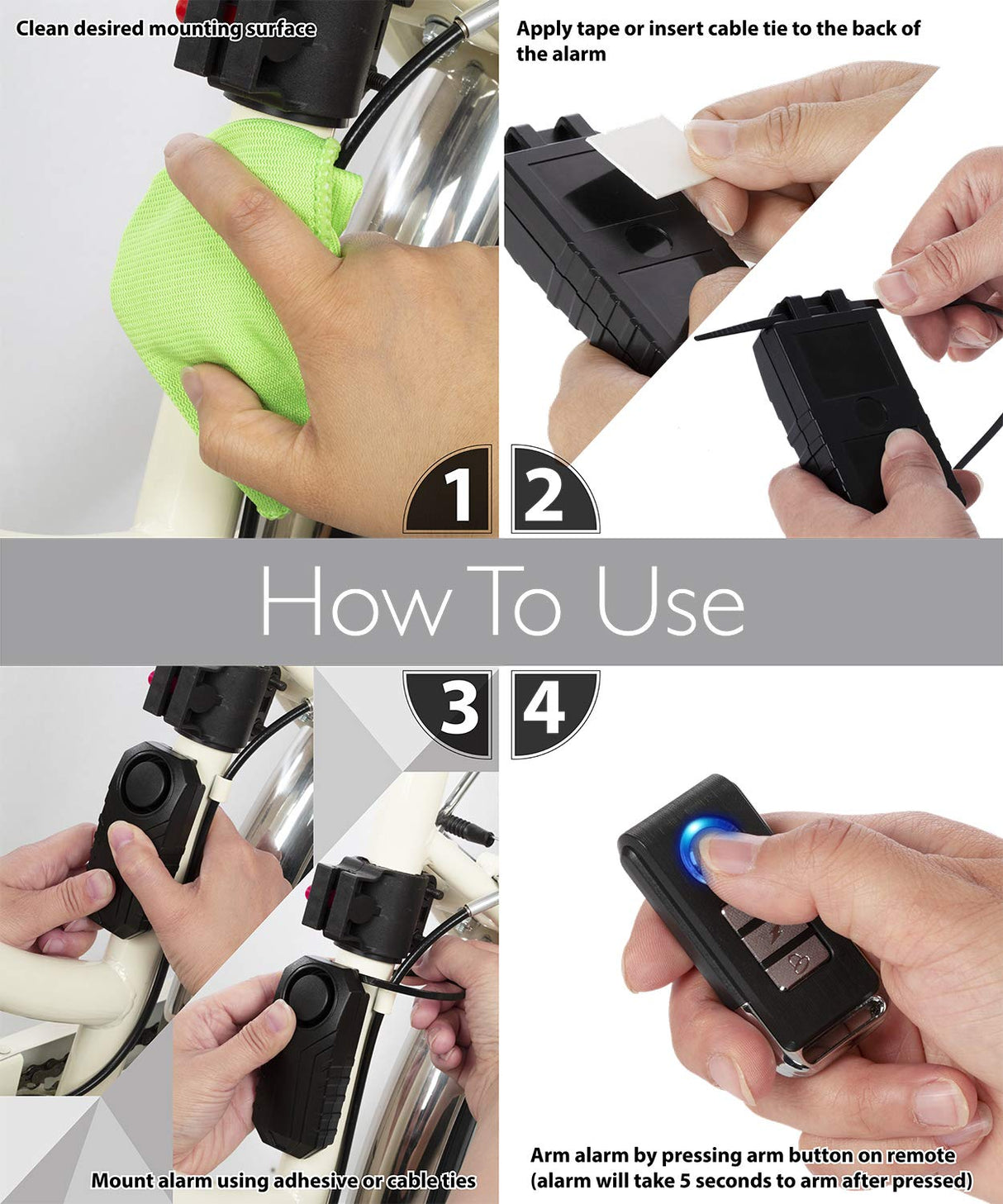 Fosmon 113db Bike Alarm with Remote, Motion Sensor Bicycle SOS Alarm, IP65 Waterproof Anti Theft Alarm System, Wireless Siren for E-Bike, Motorcycle, Scooter, Cart, Trailer