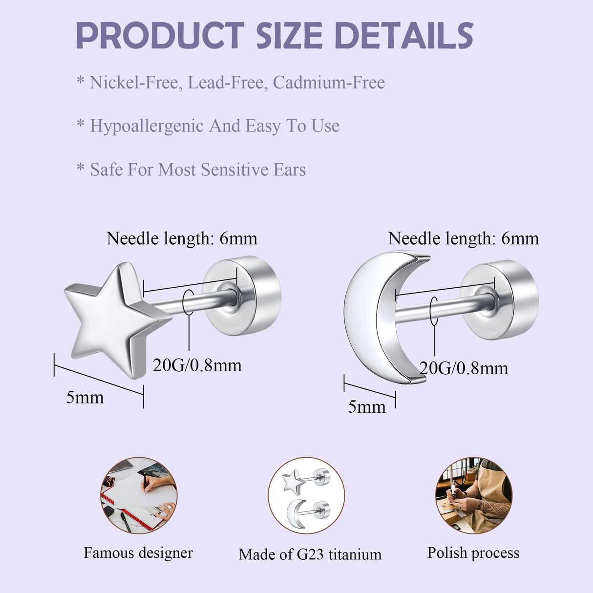 FACOKO 2 Pairs Flat Back Earrings for Women, Silver Star and Moon Earring, Titanium Screwback Studs, Hypoallergenic Silver Cartilage Stud for Sensitive Ears