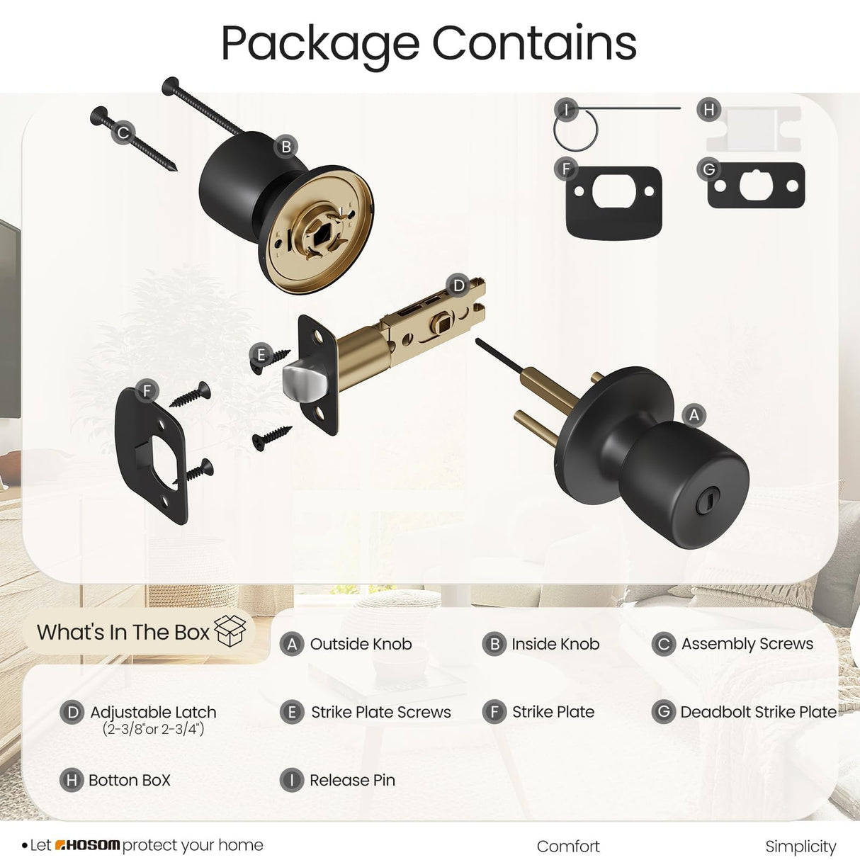 HOSOM Door Knobs Interior Privacy Door Knob Bedroom Bathroom Door knobs with Lock Keyless Doorknobs, Matte Black Door Handles, 10 Pack