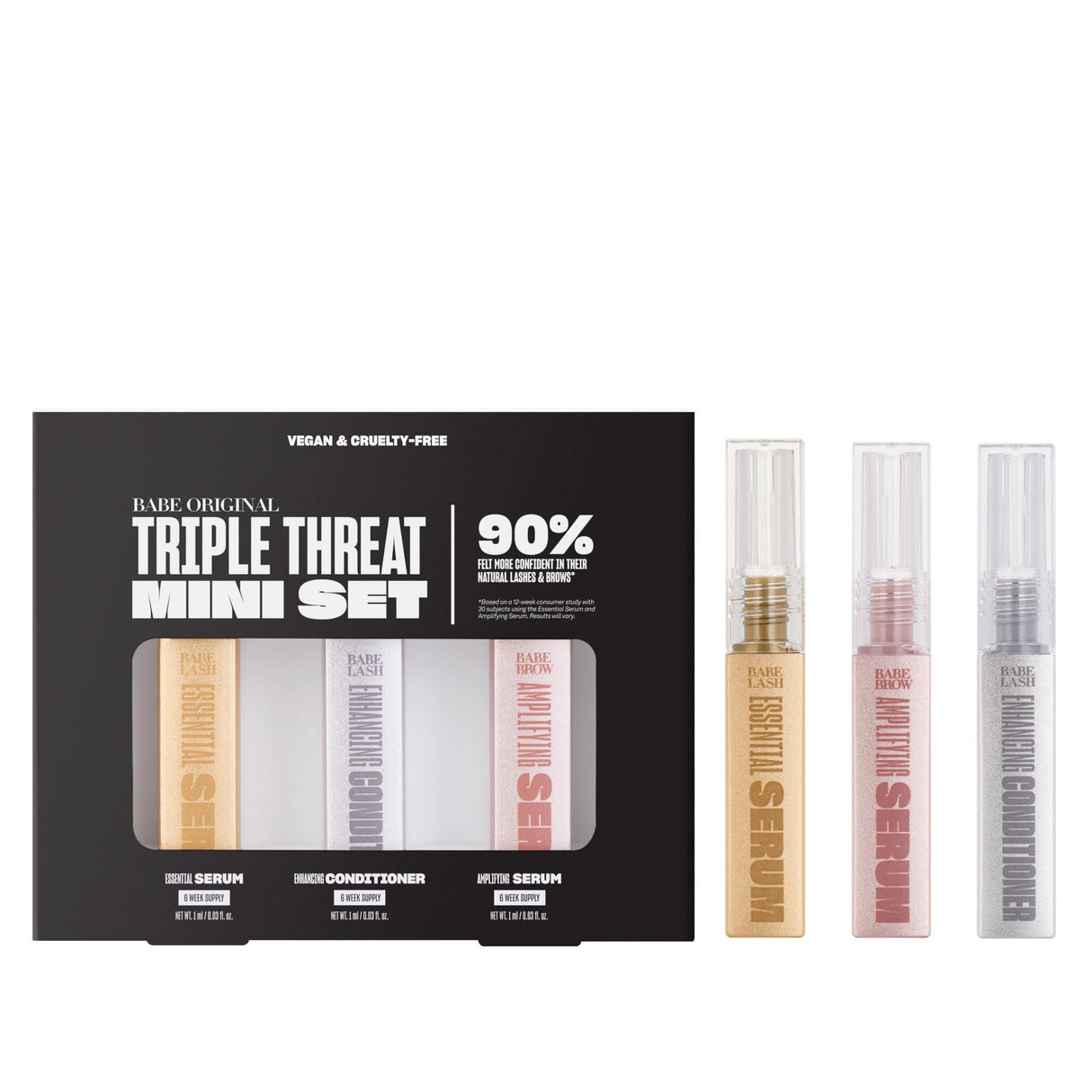 Babe Original Triple Threat Mini Set, Includes Babe Lash Essential Serum & Enhancing Conditioner + Babe Brow Amplifying Serum, 1 mL, 3 Pack