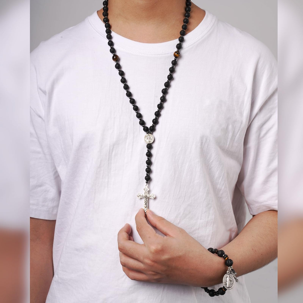 LGEPAH Rosary for Men, Black Lava Rock Beads with St. Benedict Bracelet