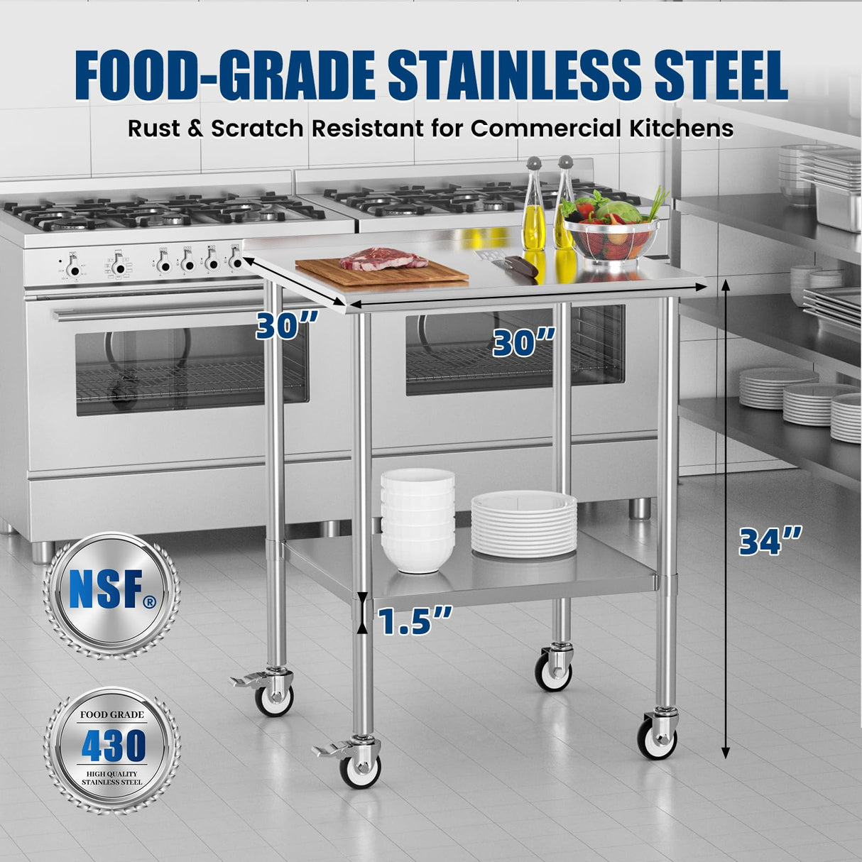 Stainless Steel Work Table with Wheels, 30x30 Inch NSF Food Prep Table with Backsplash & Adjustable Undershelf for Commercial Kitchen, Restaurant, Garage